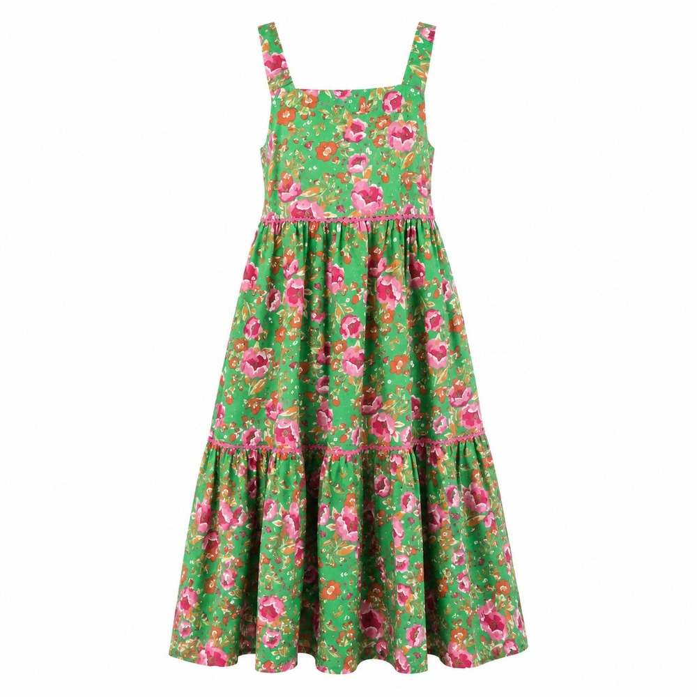 ISAAC MIZRAHI Floral Maxi Dress Kids 8 Green RN75343 Tiered Smocked Boho
